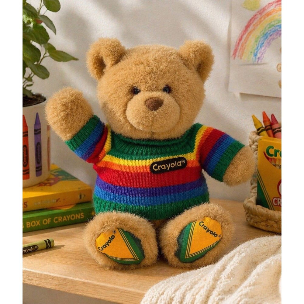 Vintage GUND Crayola Teddy Bear Plush 9” Rainbow Sweater Binney & Smith Toy